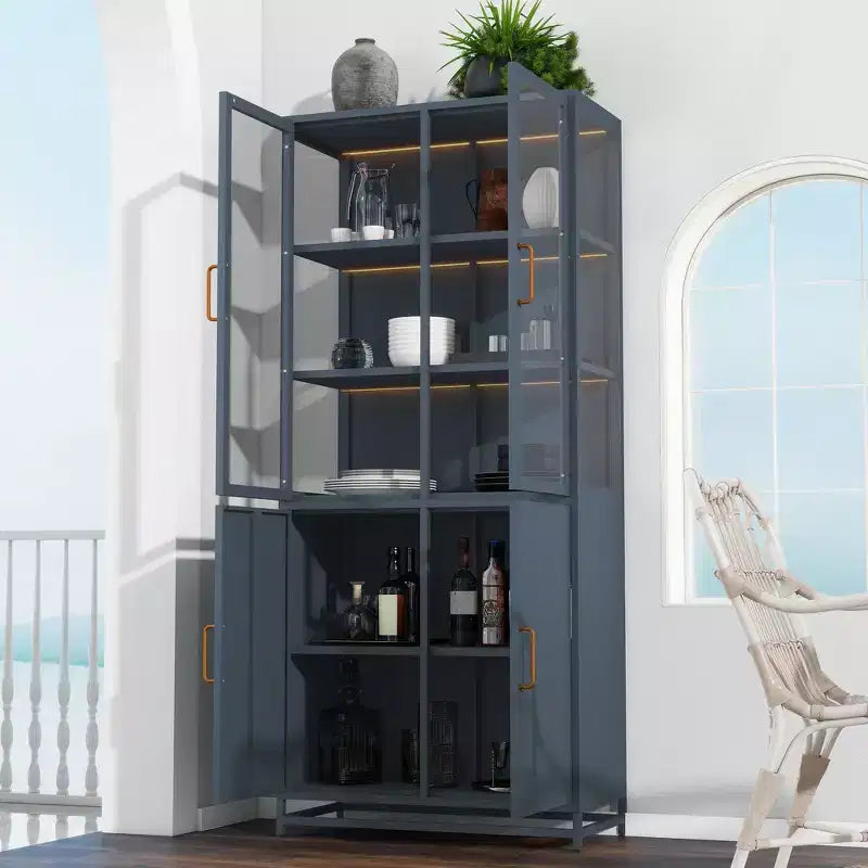 Tall Display Buffet Cabinet with Glass Door & LED, Steel Bookshelves Pantry Cabinet for Kitchen/Hallways/Living Room/Office