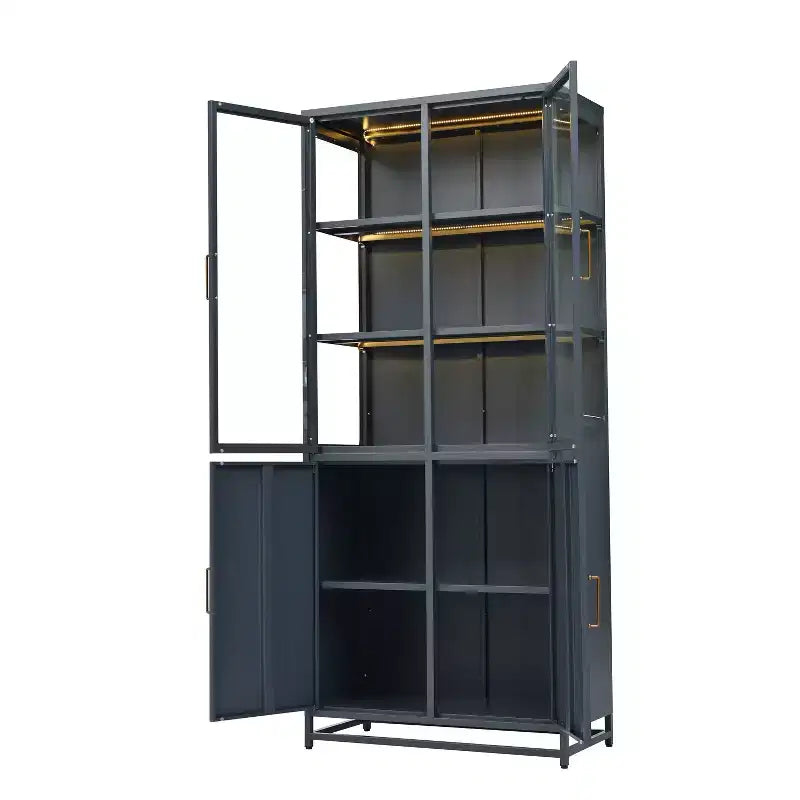 Tall Display Buffet Cabinet with Glass Door & LED, Steel Bookshelves Pantry Cabinet for Kitchen/Hallways/Living Room/Office