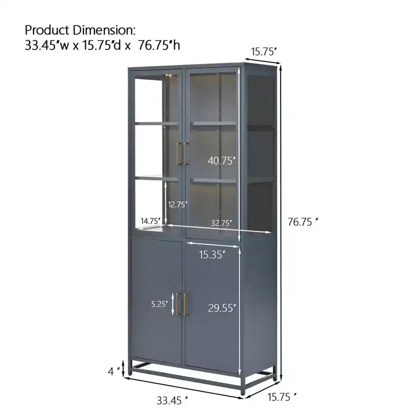 Tall Display Buffet Cabinet with Glass Door & LED, Steel Bookshelves Pantry Cabinet for Kitchen/Hallways/Living Room/Office