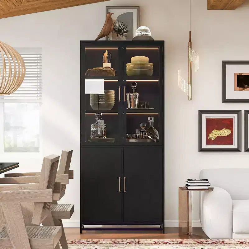 Tall Display Buffet Cabinet with Glass Door & LED, Steel Bookshelves Pantry Cabinet for Kitchen/Hallways/Living Room/Office