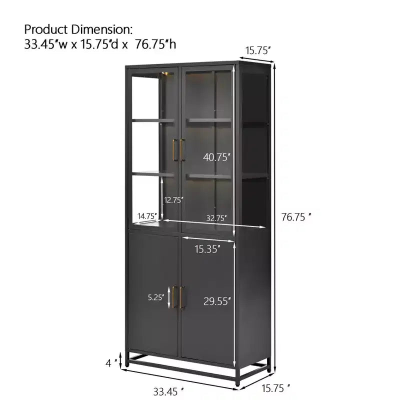 Tall Display Buffet Cabinet with Glass Door & LED, Steel Bookshelves Pantry Cabinet for Kitchen/Hallways/Living Room/Office