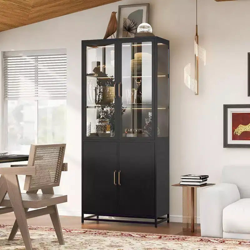 Tall Display Buffet Cabinet with Glass Door & LED, Steel Bookshelves Pantry Cabinet for Kitchen/Hallways/Living Room/Office