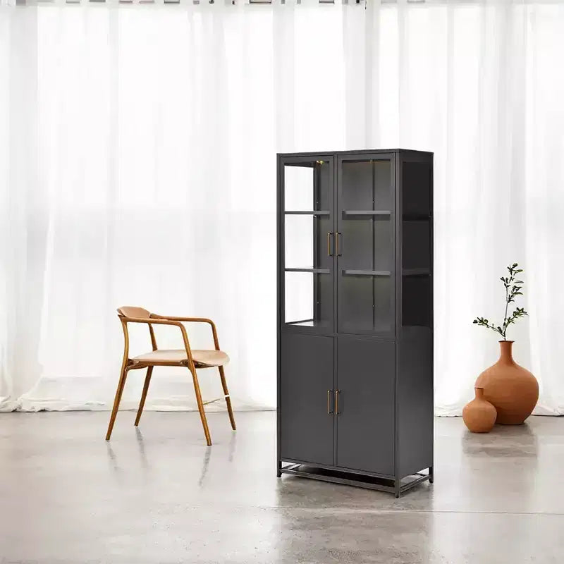 Tall Display Buffet Cabinet with Glass Door & LED, Steel Bookshelves Pantry Cabinet for Kitchen/Hallways/Living Room/Office