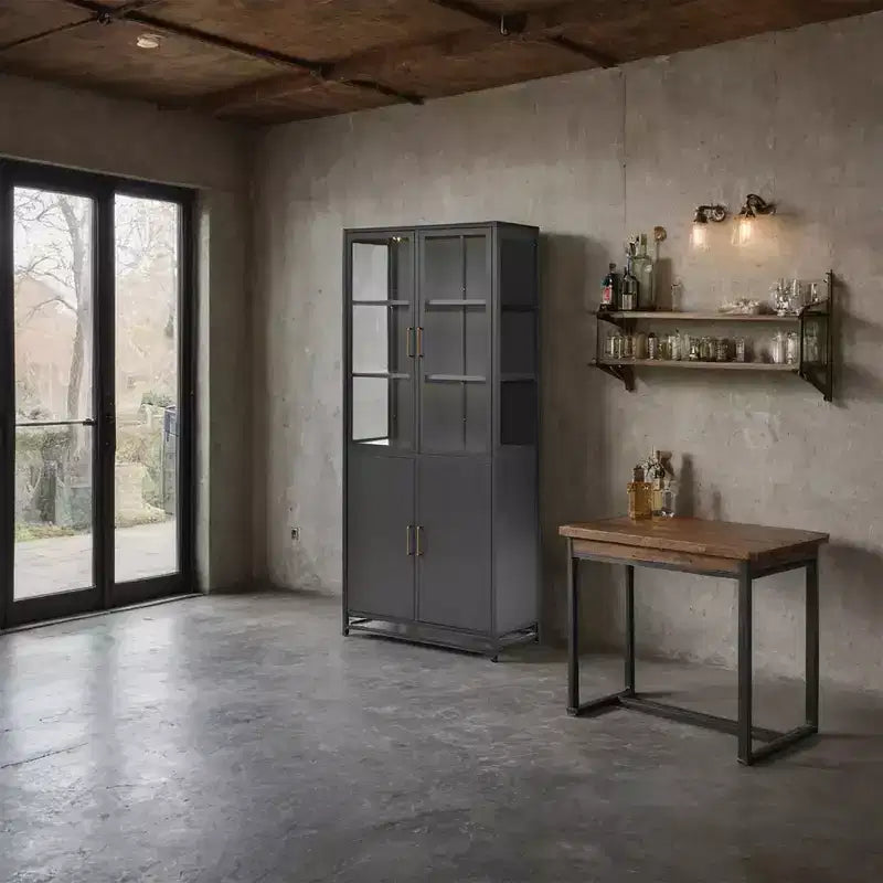 Tall Display Buffet Cabinet with Glass Door & LED, Steel Bookshelves Pantry Cabinet for Kitchen/Hallways/Living Room/Office