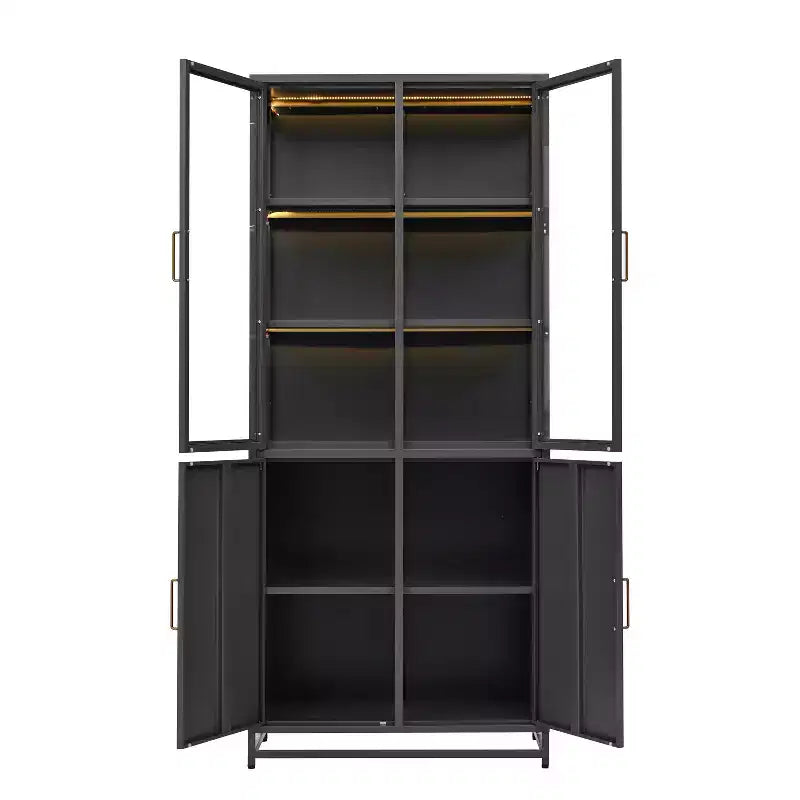 Tall Display Buffet Cabinet with Glass Door & LED, Steel Bookshelves Pantry Cabinet for Kitchen/Hallways/Living Room/Office