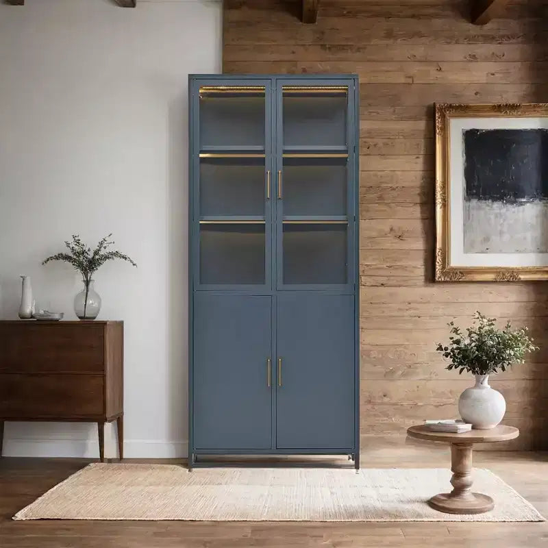 Tall Display Buffet Cabinet with Glass Door & LED, Steel Bookshelves Pantry Cabinet for Kitchen/Hallways/Living Room/Office