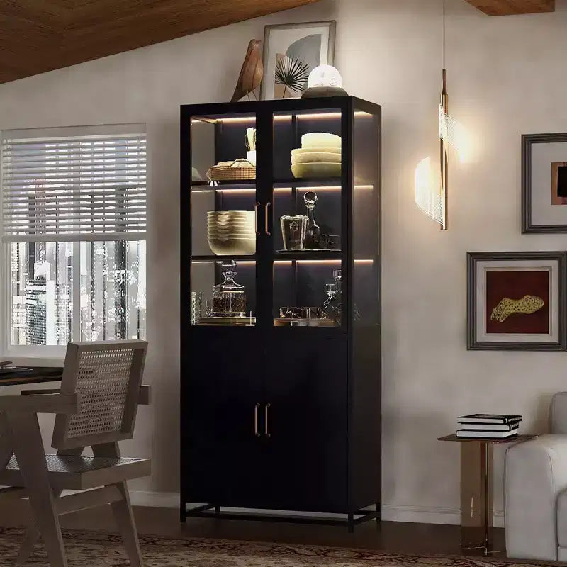 Tall Display Buffet Cabinet with Glass Door & LED, Steel Bookshelves Pantry Cabinet for Kitchen/Hallways/Living Room/Office