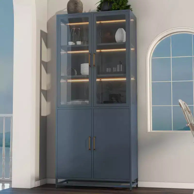Okak Tall Display Buffet Cabinet with Glass Door & LED, Steel Bookshelves Pantry Cabinet for Kitchen/Hallways/Living Room/Office