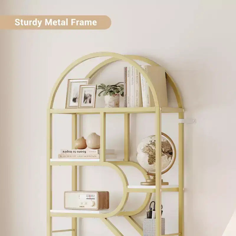 6-Tier Arched Bookcase | Geometric Bookshelf for Home & Office | Wood & Metal | 35lbs/Shelf | 6 Open Shelves