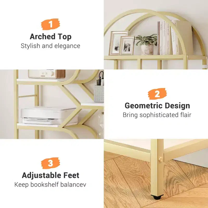 6-Tier Arched Bookcase | Geometric Bookshelf for Home & Office | Wood & Metal | 35lbs/Shelf | 6 Open Shelves