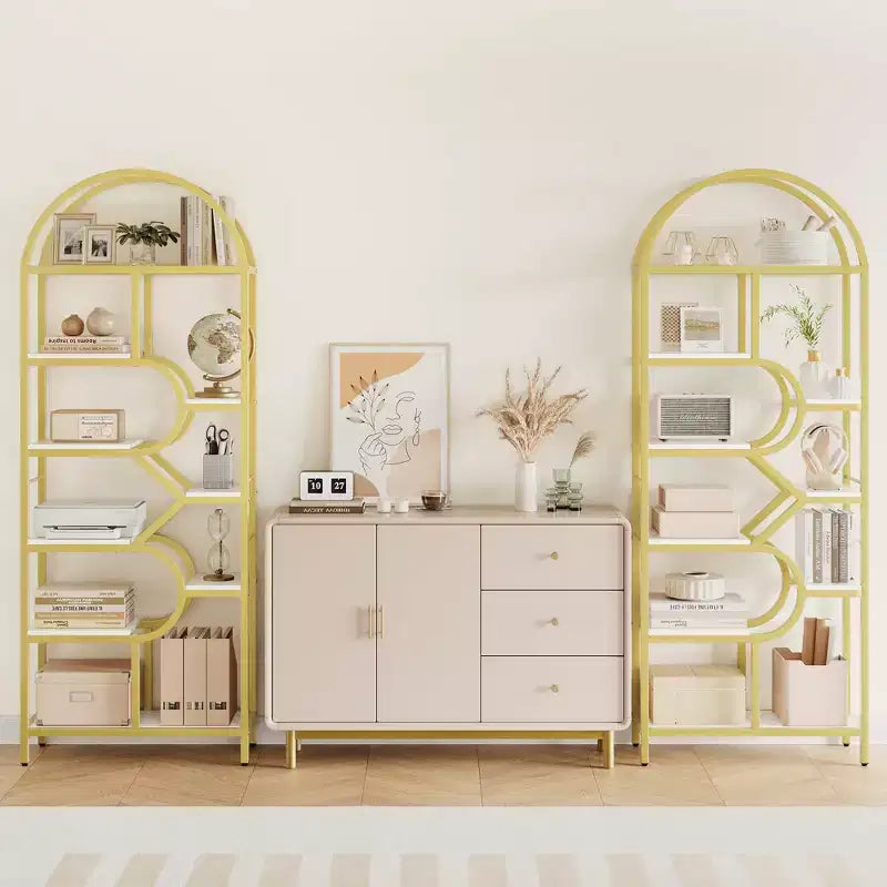 6-Tier Arched Bookcase | Geometric Bookshelf for Home & Office | Wood & Metal | 35lbs/Shelf | 6 Open Shelves