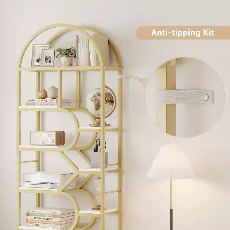 6-Tier Arched Bookcase | Geometric Bookshelf for Home & Office | Wood & Metal | 35lbs/Shelf | 6 Open Shelves
