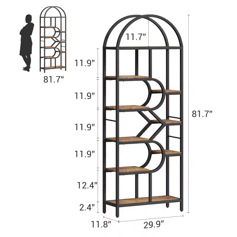 6-Tier Arched Bookcase | Geometric Bookshelf for Home & Office | Wood & Metal | 35lbs/Shelf | 6 Open Shelves