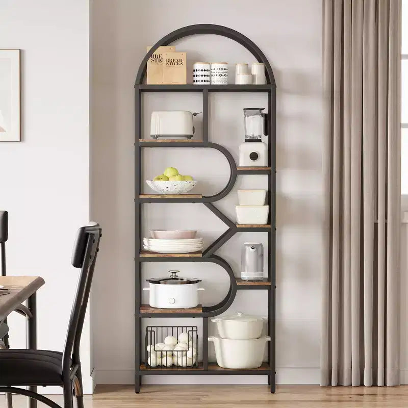 6-Tier Arched Bookcase | Geometric Bookshelf for Home & Office | Wood & Metal | 35lbs/Shelf | 6 Open Shelves