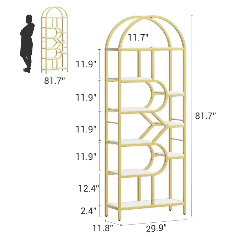6-Tier Arched Bookcase | Geometric Bookshelf for Home & Office | Wood & Metal | 35lbs/Shelf | 6 Open Shelves