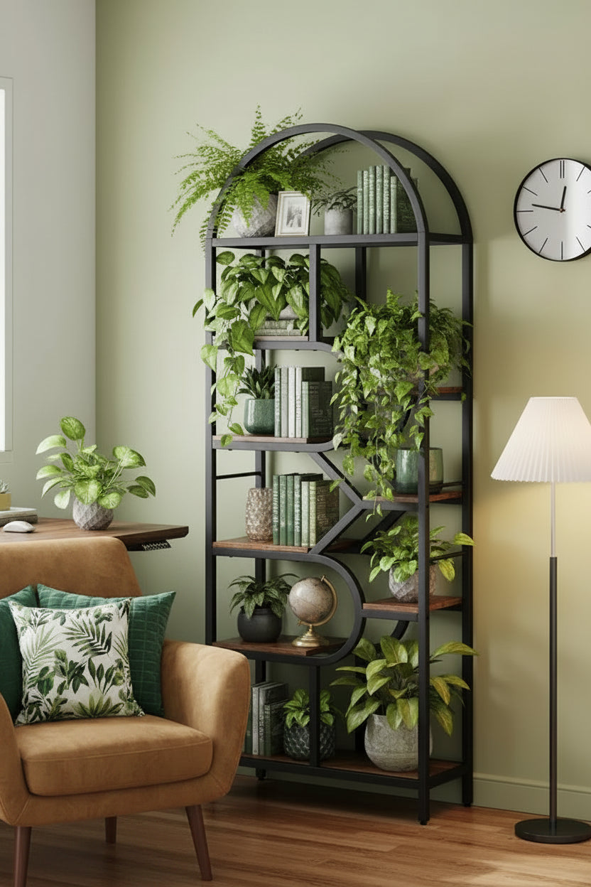 6 Tier Arched Bookcase, Geometric Bookshelf for Home & Office -,Modern Wood & Metal Bookcase with 35Lbs Capacity/Shelf, Open Storage Shelf for Bedroom