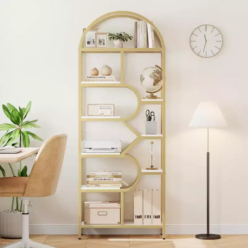 6-Tier Arched Bookcase | Geometric Bookshelf for Home & Office | Wood & Metal | 35lbs/Shelf | 6 Open Shelves