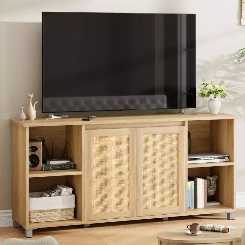 Mid-Century TV Stand for 60-70 Inch TVs, Boho Rattan Door Entertainment Center, 62.6 Wide Open Shelf Media Console, Living Room Bedroom Furniture