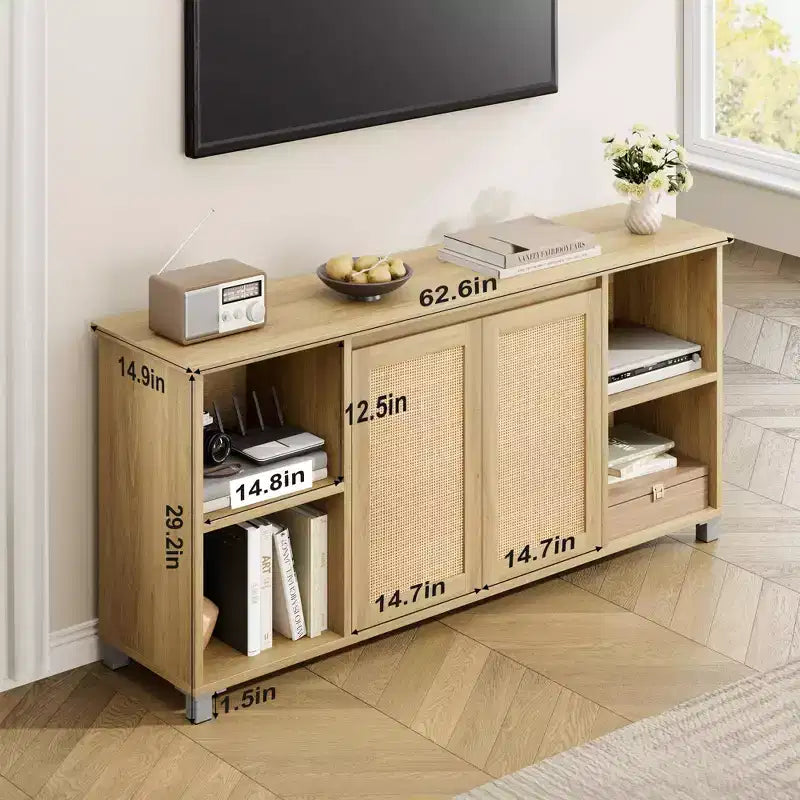 Mid-Century TV Stand for 60-70 Inch TVs with Rattan Doors & Open Shelves