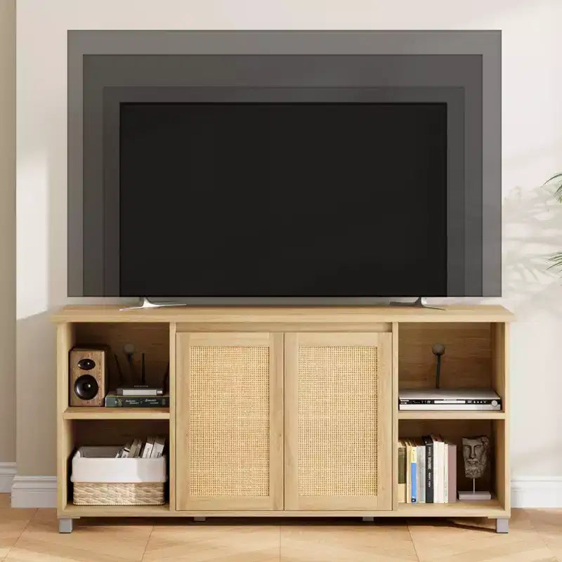Mid-Century TV Stand for 60-70 Inch TVs with Rattan Doors & Open Shelves
