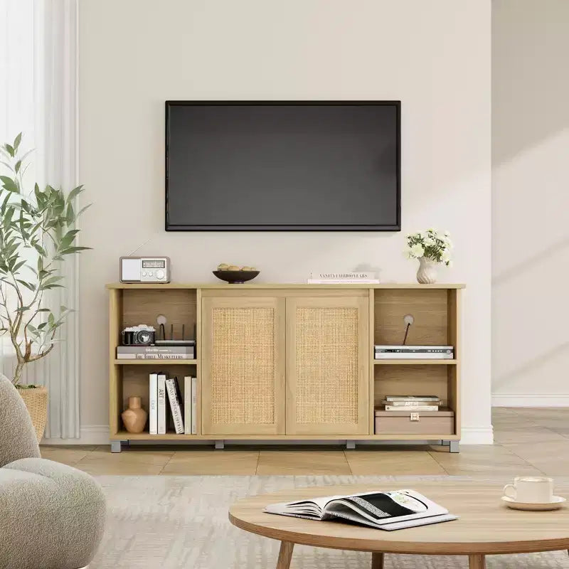 Mid-Century TV Stand for 60-70 Inch TVs with Rattan Doors & Open Shelves