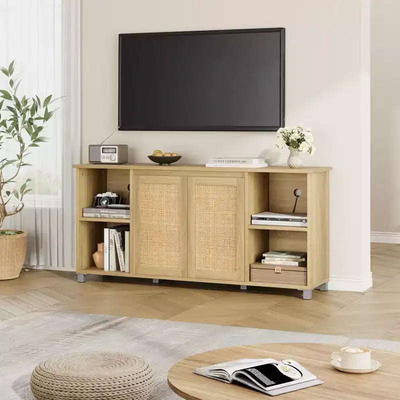 Mid-Century TV Stand for 60-70 Inch TVs with Rattan Doors & Open Shelves