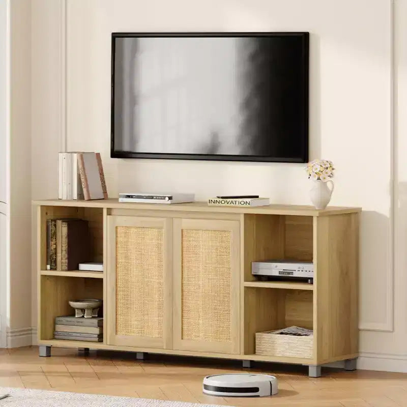 Mid-Century TV Stand for 60-70 Inch TVs with Rattan Doors & Open Shelves