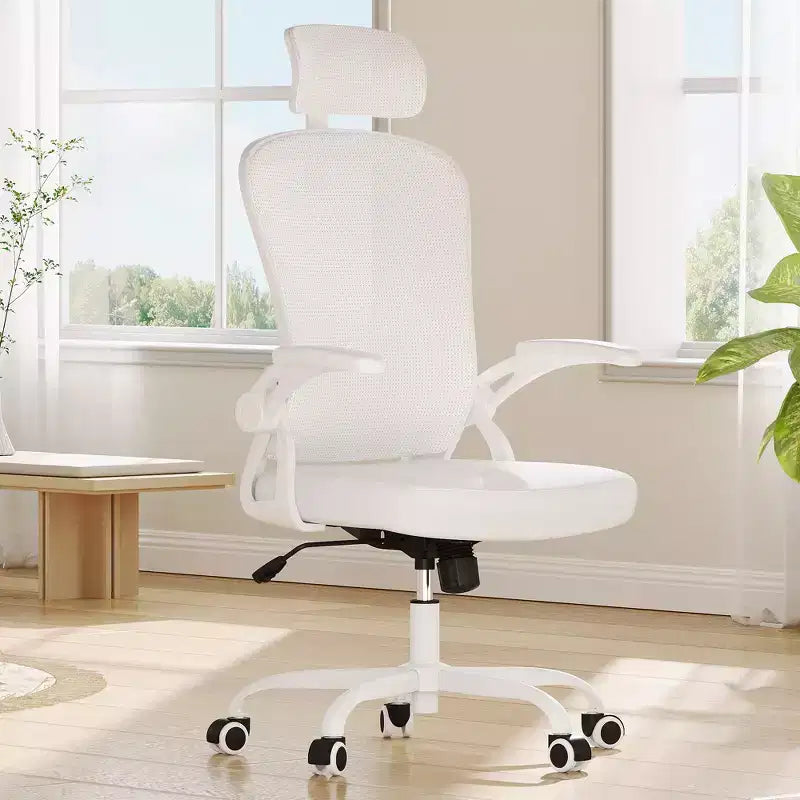 MAYEERTY Ergonomic Home Office Chair - With Headrest, Flip-Up Armrests & Adjustable Lumbar Support (White)