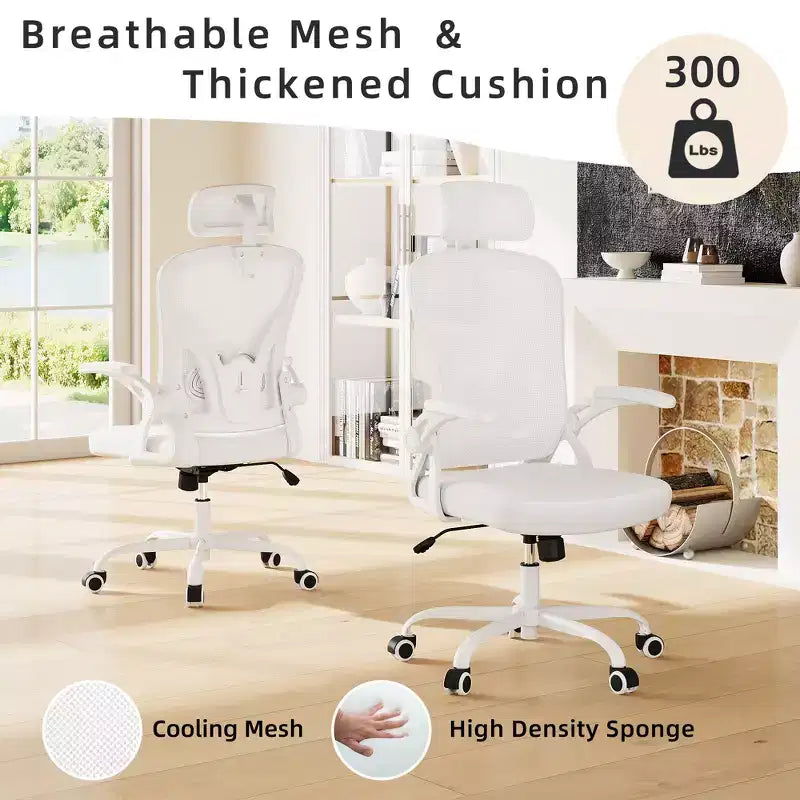 Ergonomic Home Office Chair with Headrest, Flip-Up Armrests & Adjustable Lumbar Support (White)
