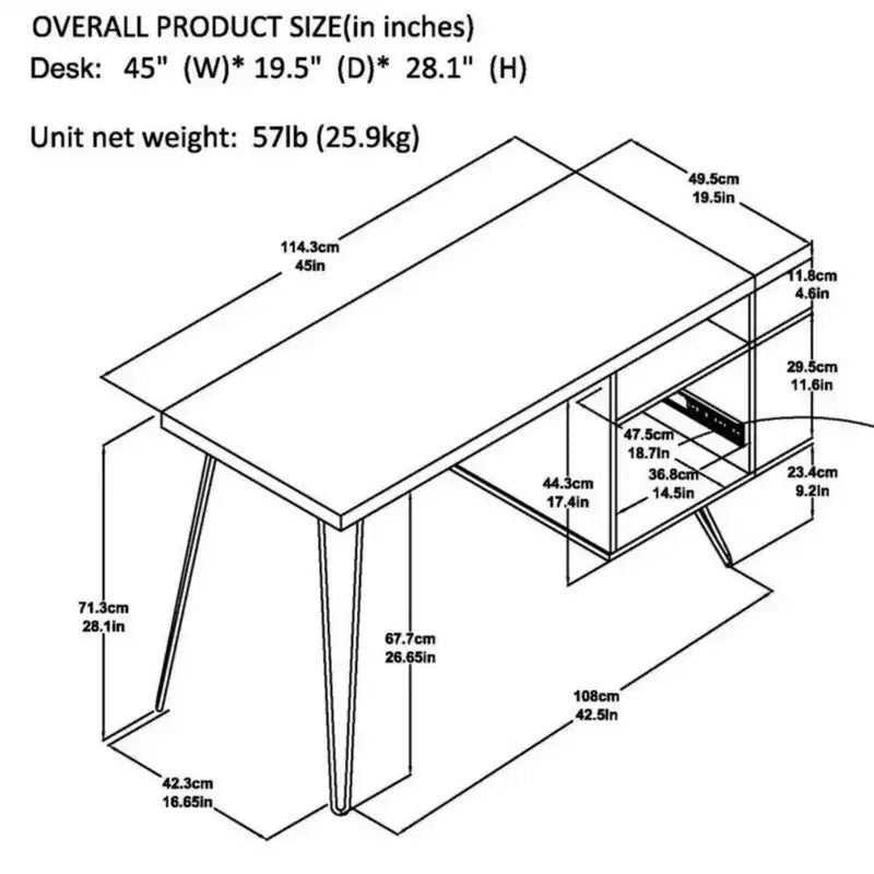 Modern 45" Computer Desk with Drawer and Metal Legs