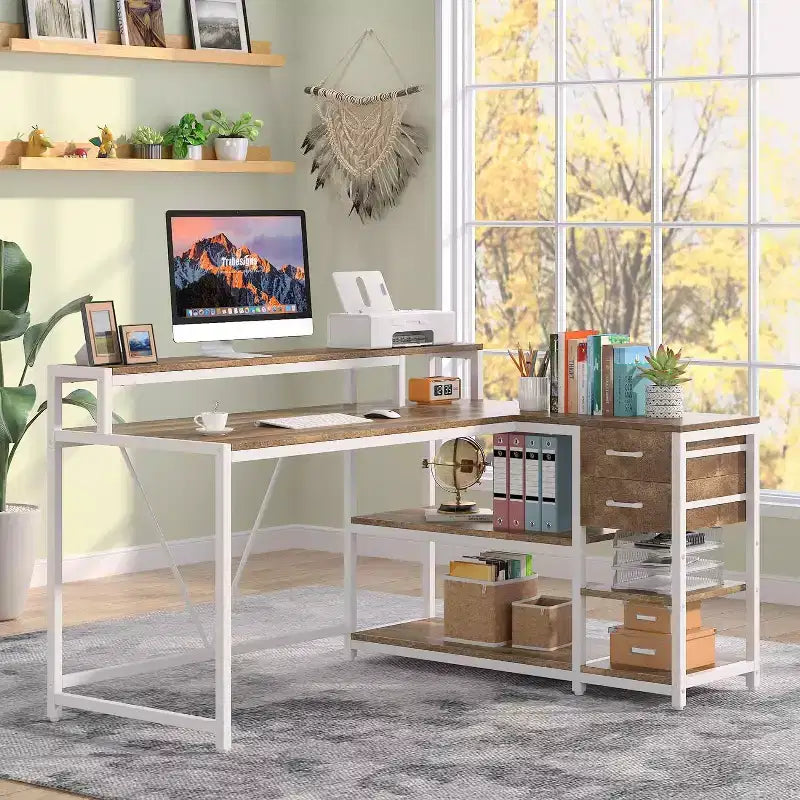 Modern Corner Computer Desk with Open Shelves