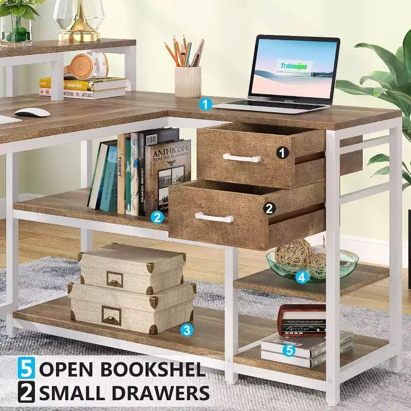 Modern Corner Computer Desk with Open Shelves