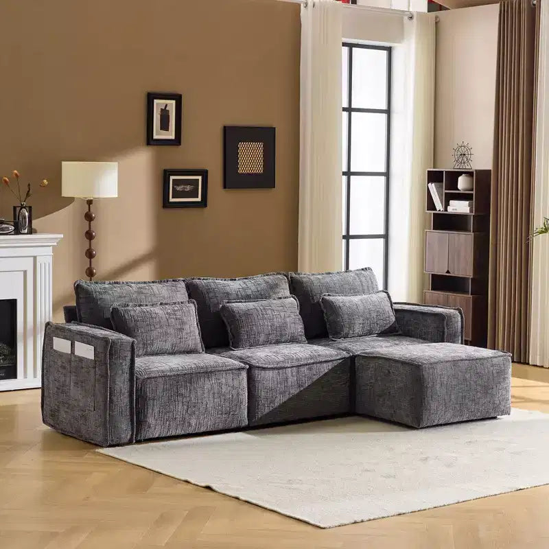110 in. W Square Arm Chenille 3-Seat L-Shaped Boneless Sofa with Ottoman