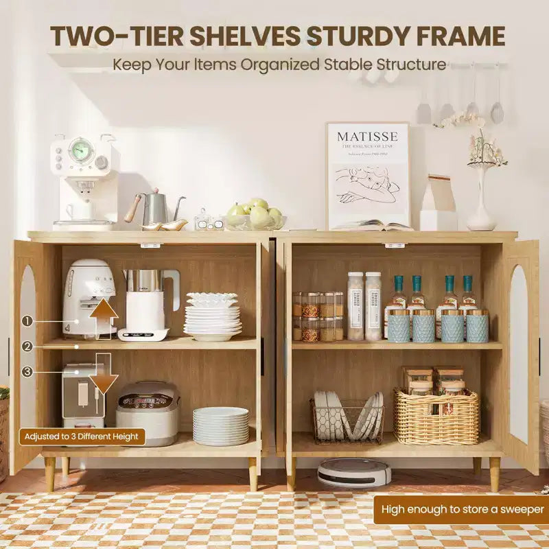 Sideboard Buffet Cabinet with Rattan and Solid Wood Feet, Kitchen and Living Room Storage