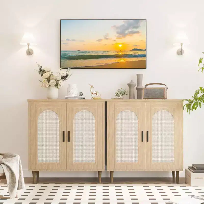 Sideboard Buffet Cabinet with Rattan and Solid Wood Feet, Kitchen and Living Room Storage