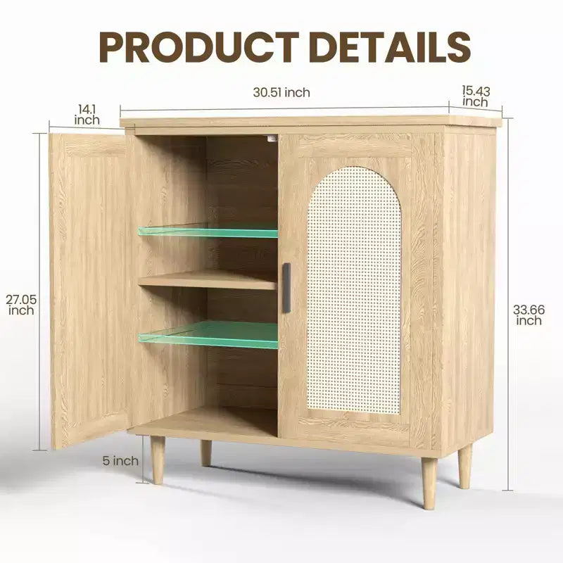 Sideboard Buffet Cabinet with Rattan and Solid Wood Feet, Kitchen and Living Room Storage