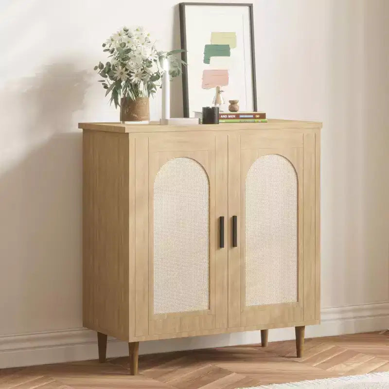 Sideboard Buffet Cabinet with Rattan and Solid Wood Feet, Kitchen and Living Room Storage