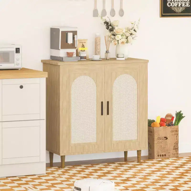 Sideboard Buffet Cabinet with Rattan and Solid Wood Feet, Kitchen and Living Room Storage