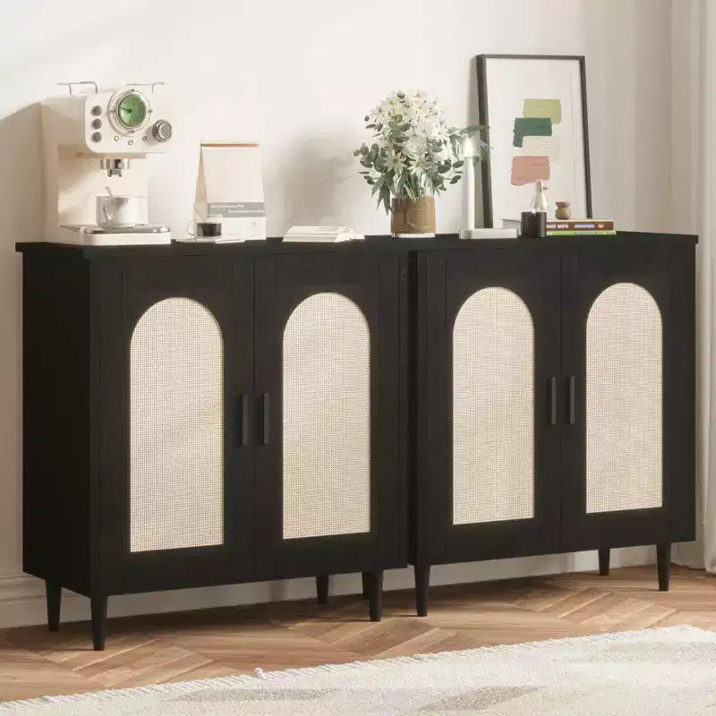 Sideboard Buffet Cabinet with Rattan and Solid Wood Feet, Kitchen and Living Room Storage