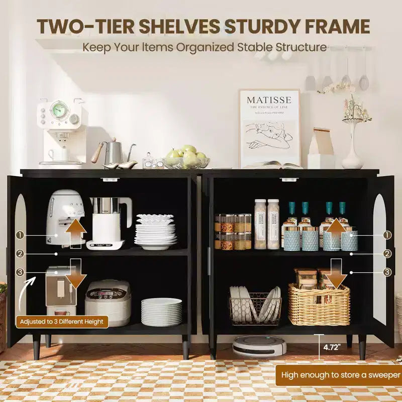 Sideboard Buffet Cabinet with Rattan and Solid Wood Feet, Kitchen and Living Room Storage