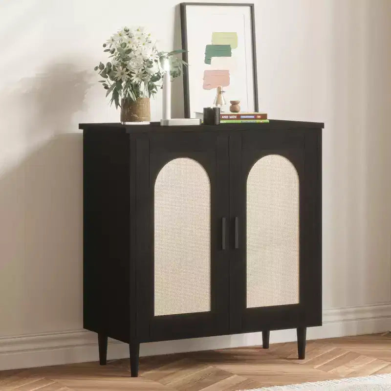 Sideboard Buffet Cabinet with Rattan and Solid Wood Feet, Kitchen and Living Room Storage