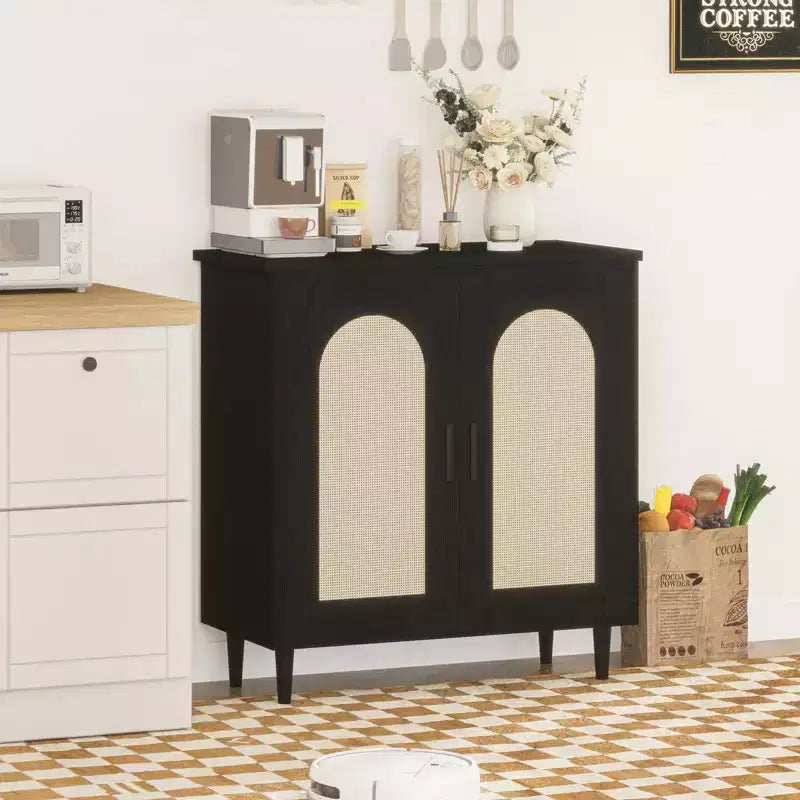 Sideboard Buffet Cabinet with Rattan and Solid Wood Feet, Kitchen and Living Room Storage
