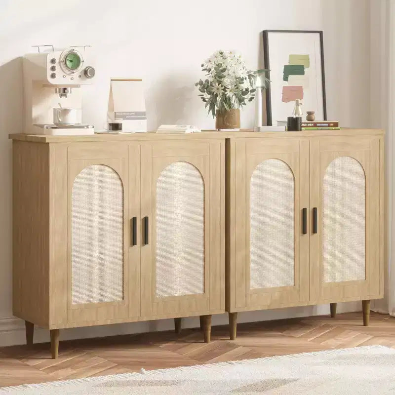 Sideboard Buffet Cabinet with Rattan and Solid Wood Feet, Kitchen and Living Room Storage