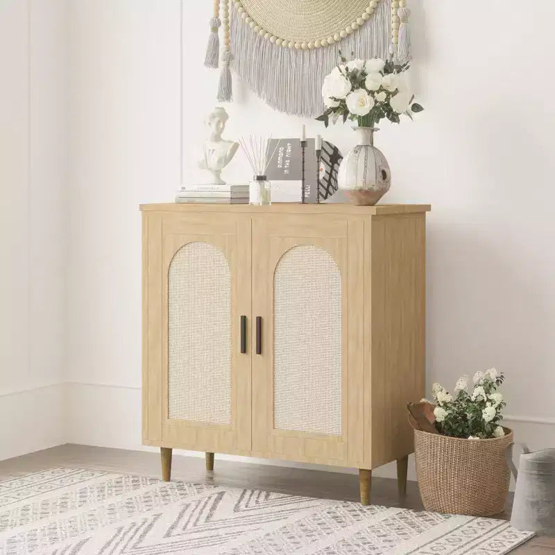 Sideboard Buffet Cabinet with Rattan and Solid Wood Feet, Kitchen and Living Room Storage