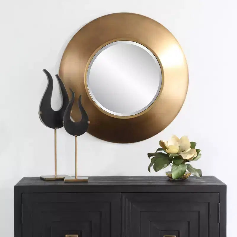 Antique Gold 29.5" Round Decorative Wall Mirror with Beveled Glass
