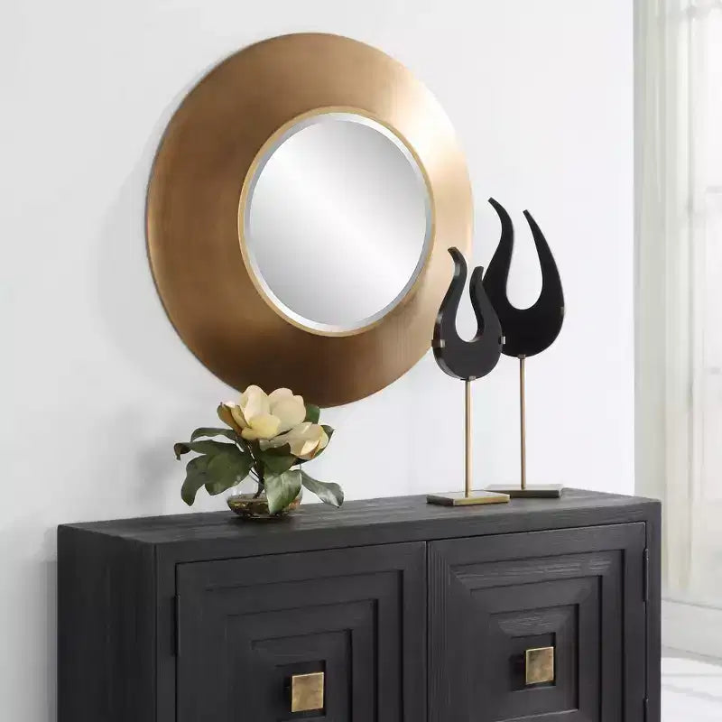 Antique Gold 29.5" Round Decorative Wall Mirror with Beveled Glass