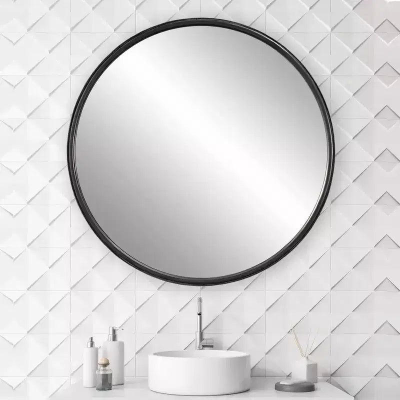 Round Wall Mirror Modern Aged Black Gray Iron Banded Frame 44 Wide
