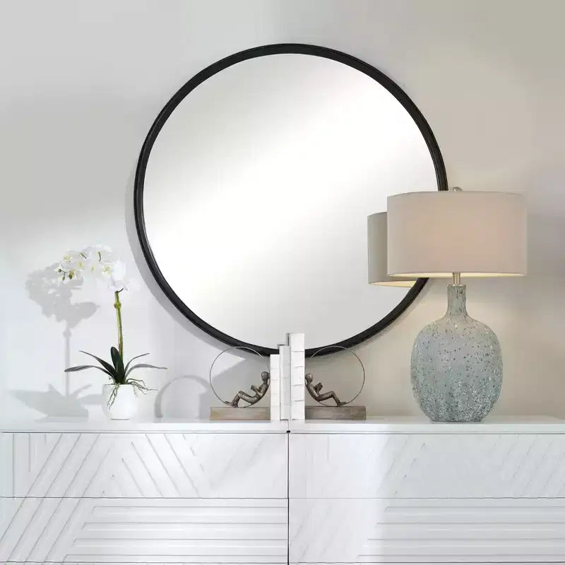 Round Wall Mirror Modern Aged Black Gray Iron Banded Frame 44 Wide