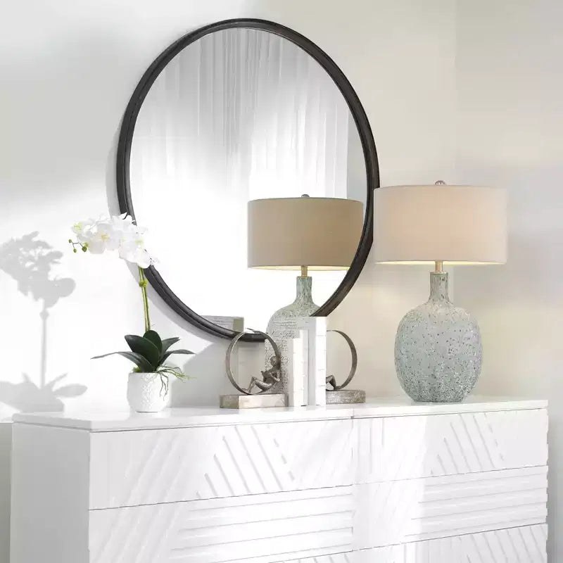 Round Wall Mirror Modern Aged Black Gray Iron Banded Frame 44 Wide