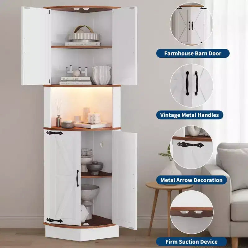 64.6" Corner Cabinet with 4 Barn Doors, 5-Tier Freestanding Pantry for Kitchen Living Room